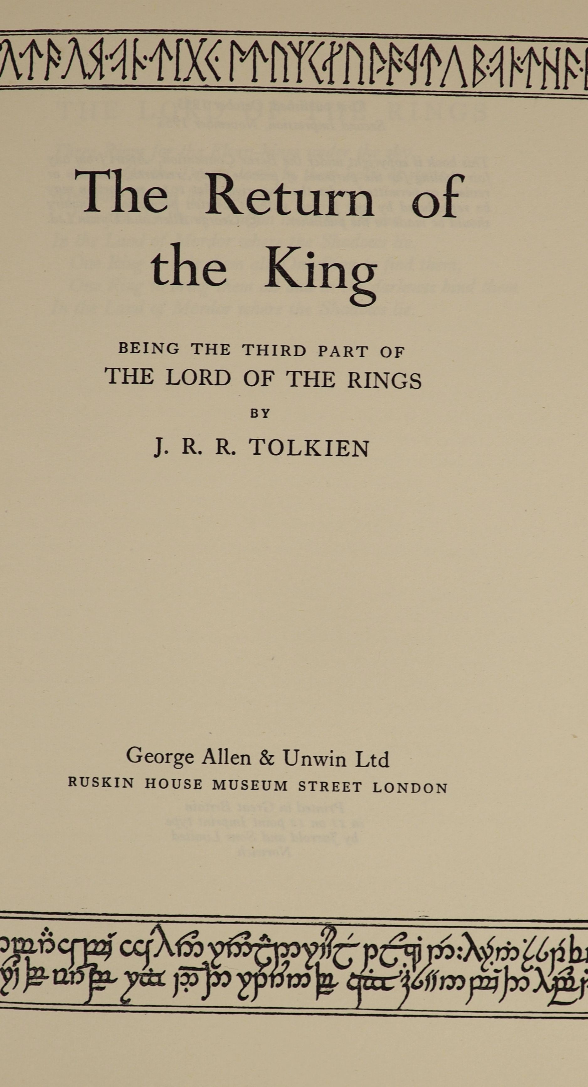 Tolkien, John Ronald Reuel - The Lord of the Rings, 1st editions, 2nd impressions of The Two Towers and The Return of the King, 1955, 4th impression of The Fellowship of the Ring, 1955, all original cloth, all with uncli